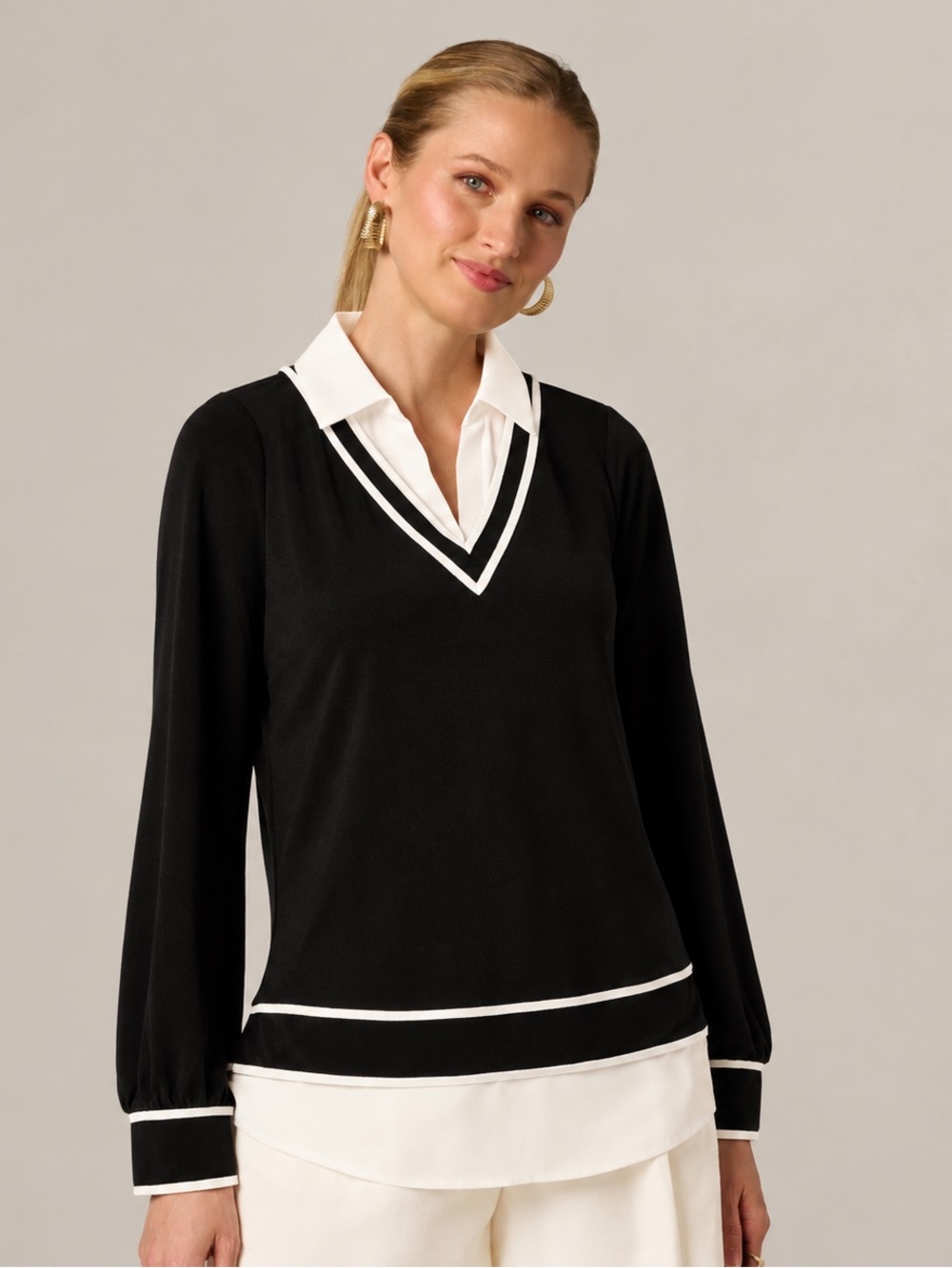 Adrianna Papell Twofer Sweater Black White V Neck Collared Layered Look M